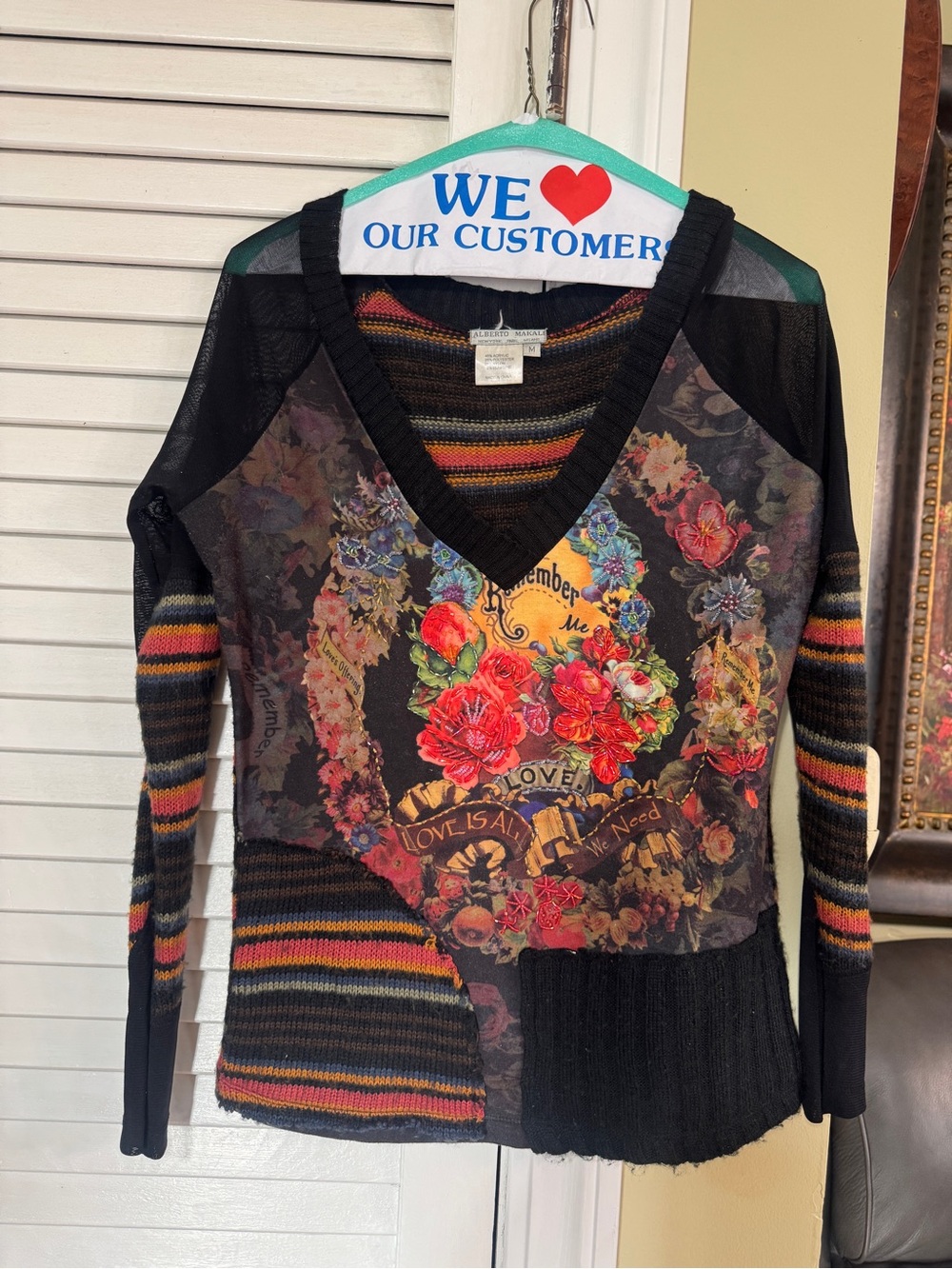 Alberto Makali Black V-Neck Sweater with Multicolor Floral Graphic
